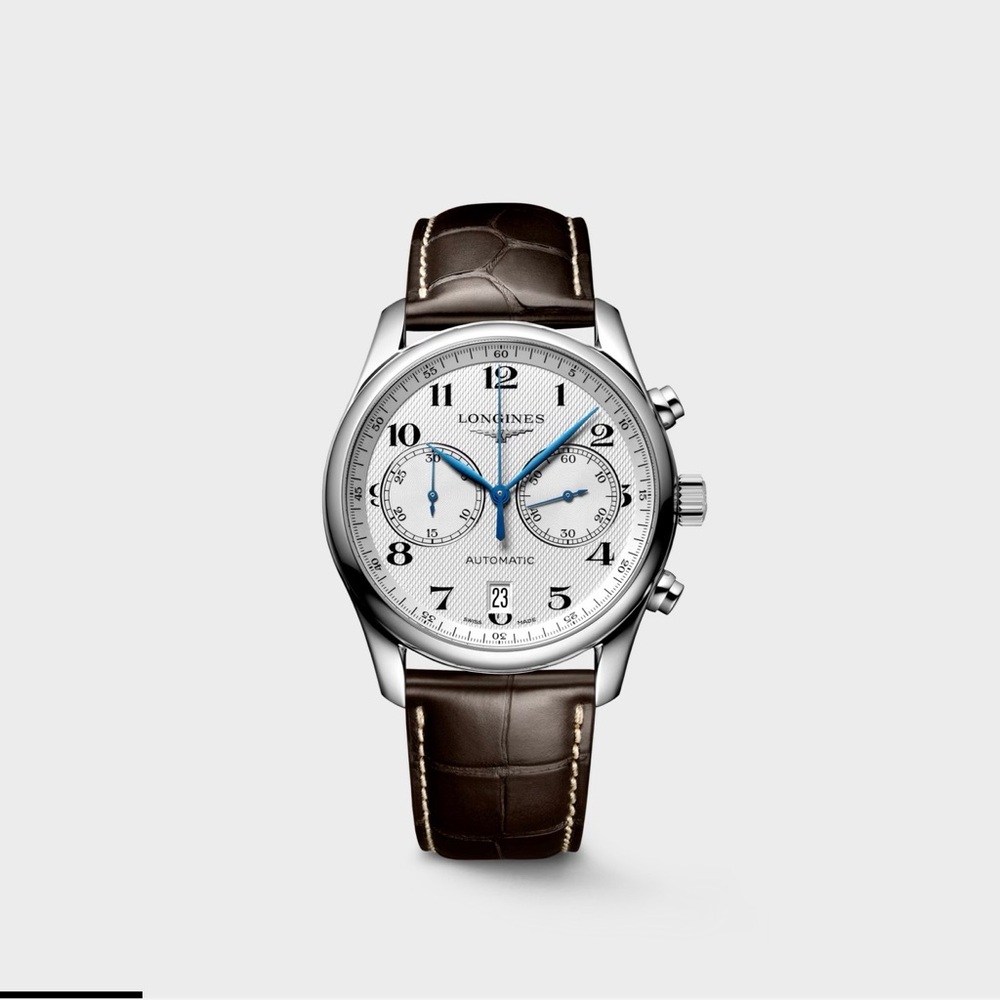 AUTHENTIC Longines Men's Brown Leather Strap Chronograph Watch - Brown/Silver